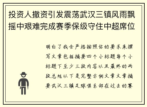 投资人撤资引发震荡武汉三镇风雨飘摇中艰难完成赛季保级守住中超席位